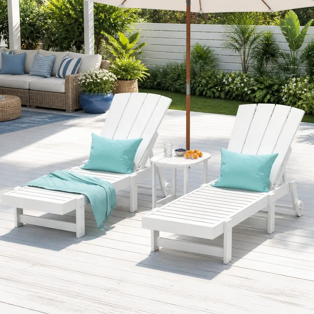 Outdoor Sun Lounge Chair Set White 3-Piece Adjustable Chaise Lounger with Rolling Wheels and Pull-Out Cup Holder