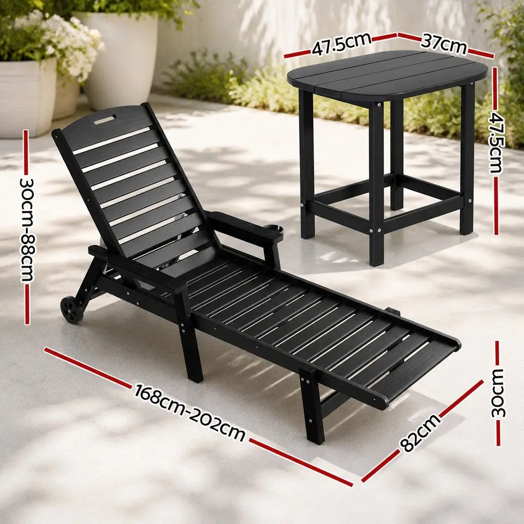 Sun Lounge Chair Black 2-Piece Set Adjustable Reclining with Side Table