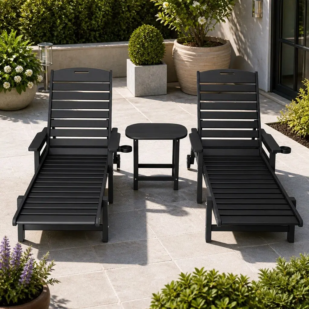 Sun Lounge Chair Black 2-Piece Set Adjustable Reclining with Side Table