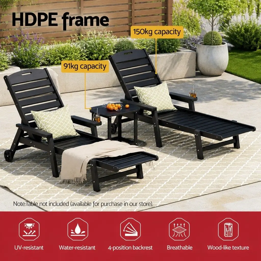 Sun Lounge Chair Black 2-Piece Set Adjustable Reclining with Side Table