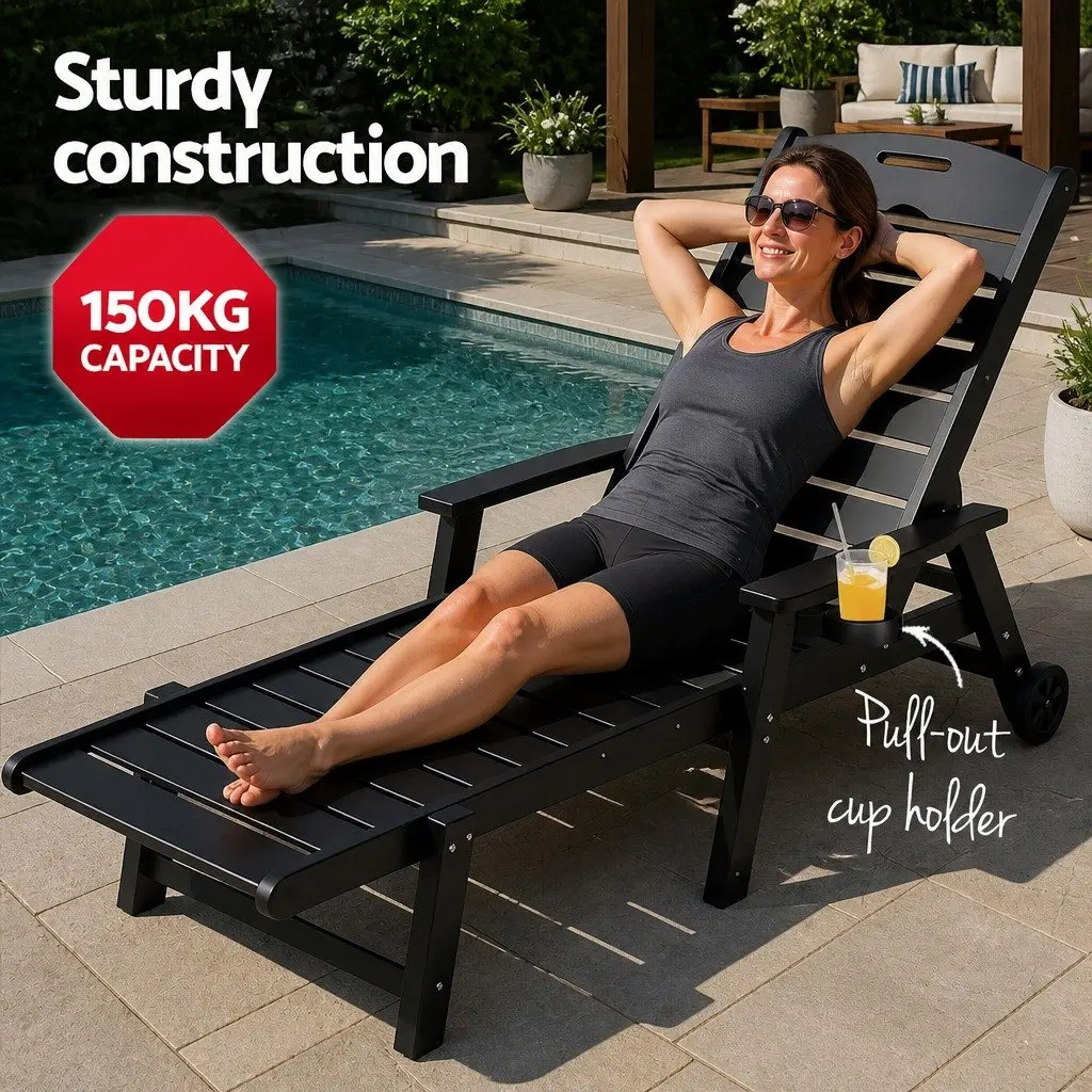 Sun Lounge Chair Black 2-Piece Set Adjustable Reclining with Side Table