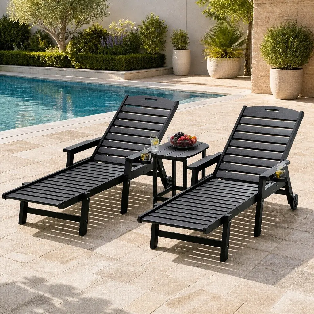 Sun Lounge Chair Black 2-Piece Set Adjustable Reclining with Side Table