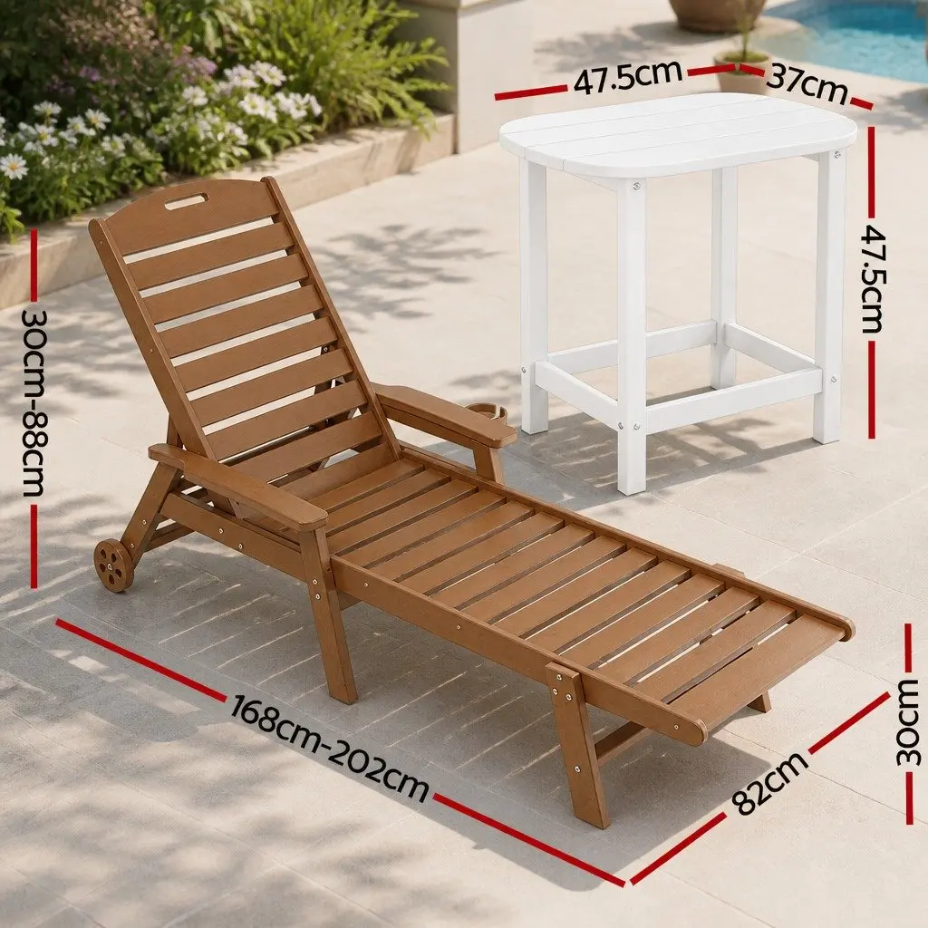 Outdoor Lounge Chair Set Brown Adjustable 3 Piece with Side Table and Wheels