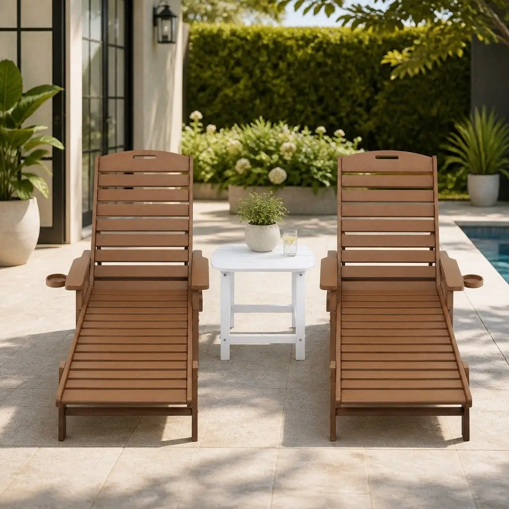 Outdoor Lounge Chair Set Brown Adjustable 3 Piece with Side Table and Wheels
