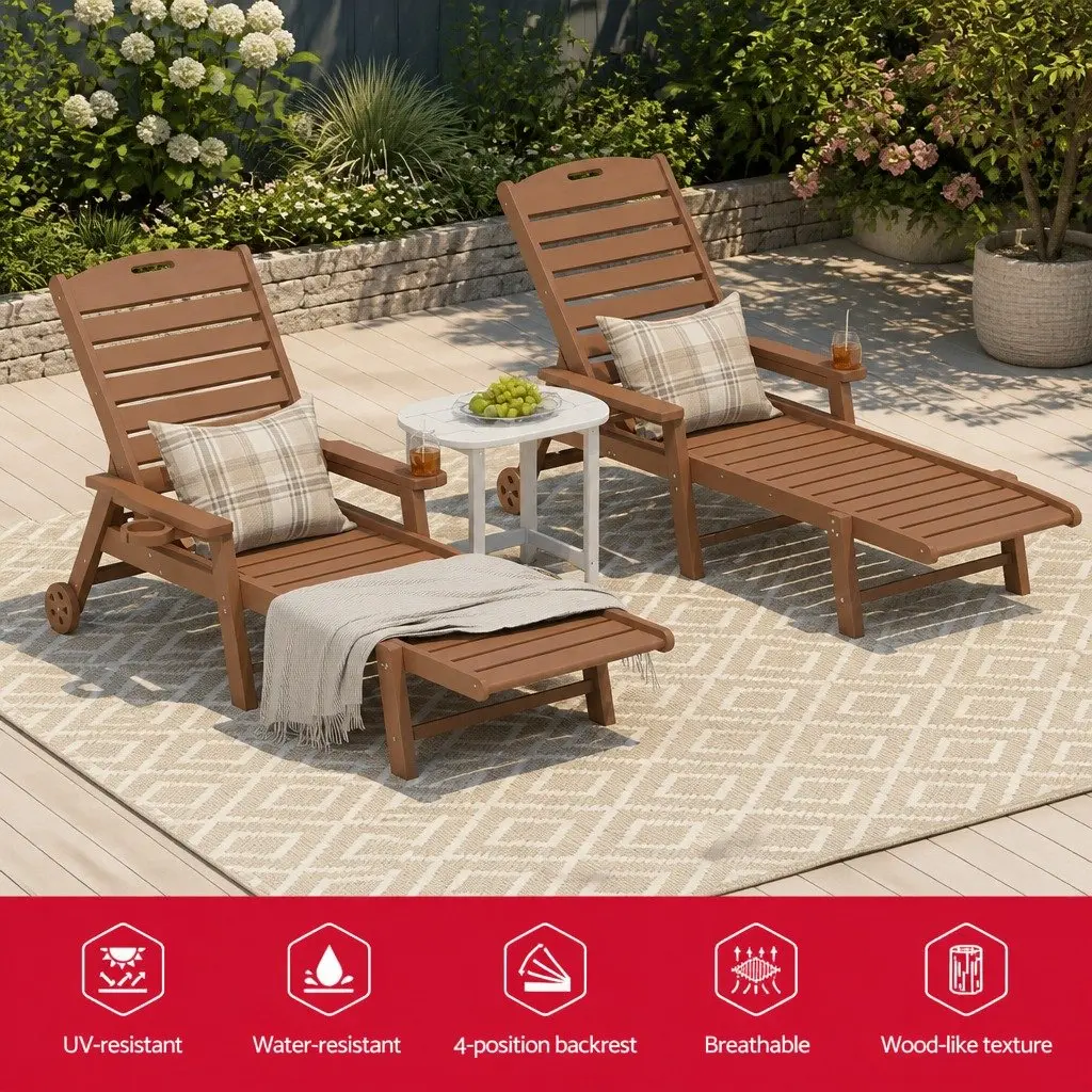 Outdoor Lounge Chair Set Brown Adjustable 3 Piece with Side Table and Wheels