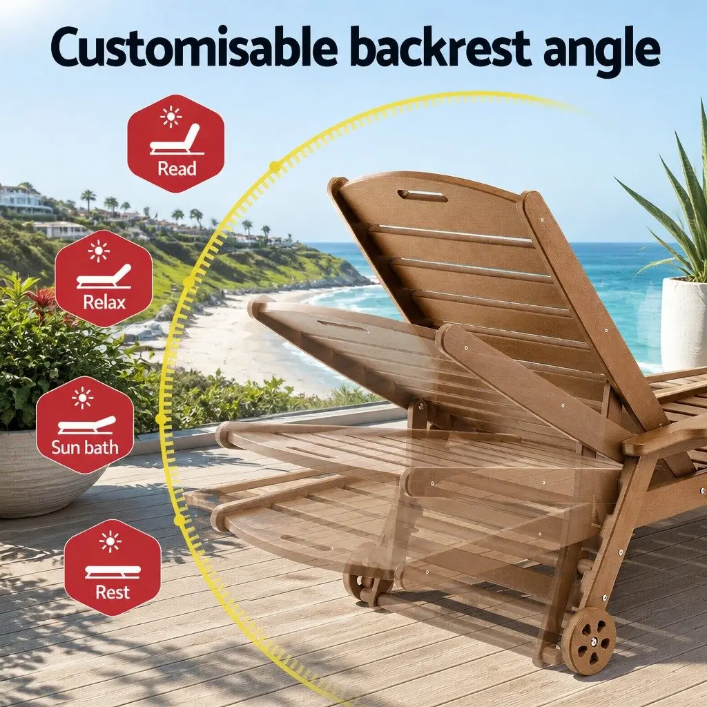 Outdoor Lounge Chair Set Brown Adjustable 3 Piece with Side Table and Wheels