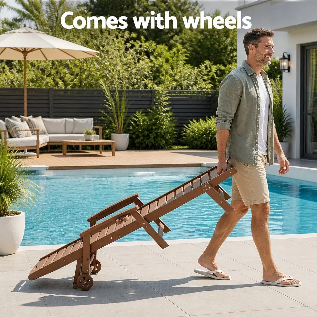 Outdoor Lounge Chair Set Brown Adjustable 3 Piece with Side Table and Wheels