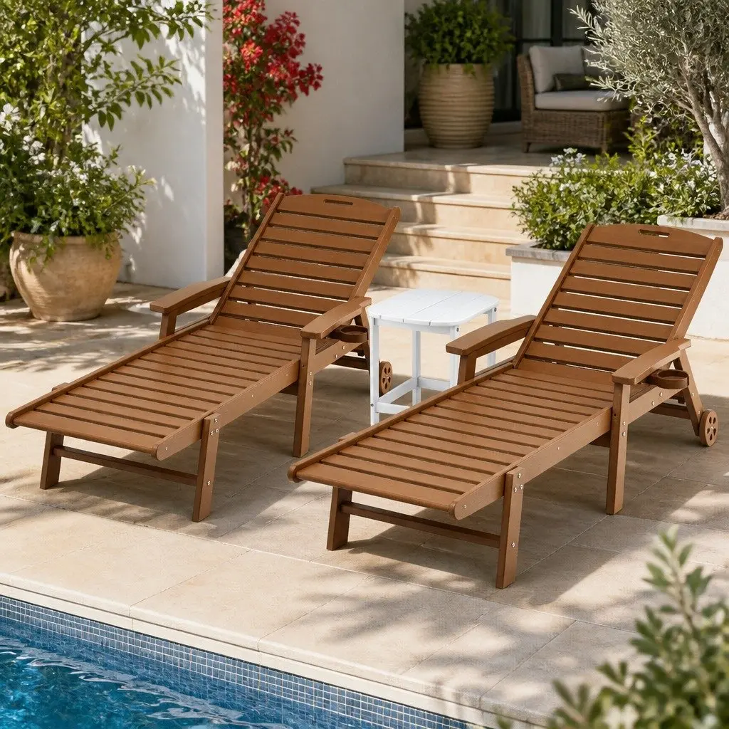 Outdoor Lounge Chair Set Brown Adjustable 3 Piece with Side Table and Wheels