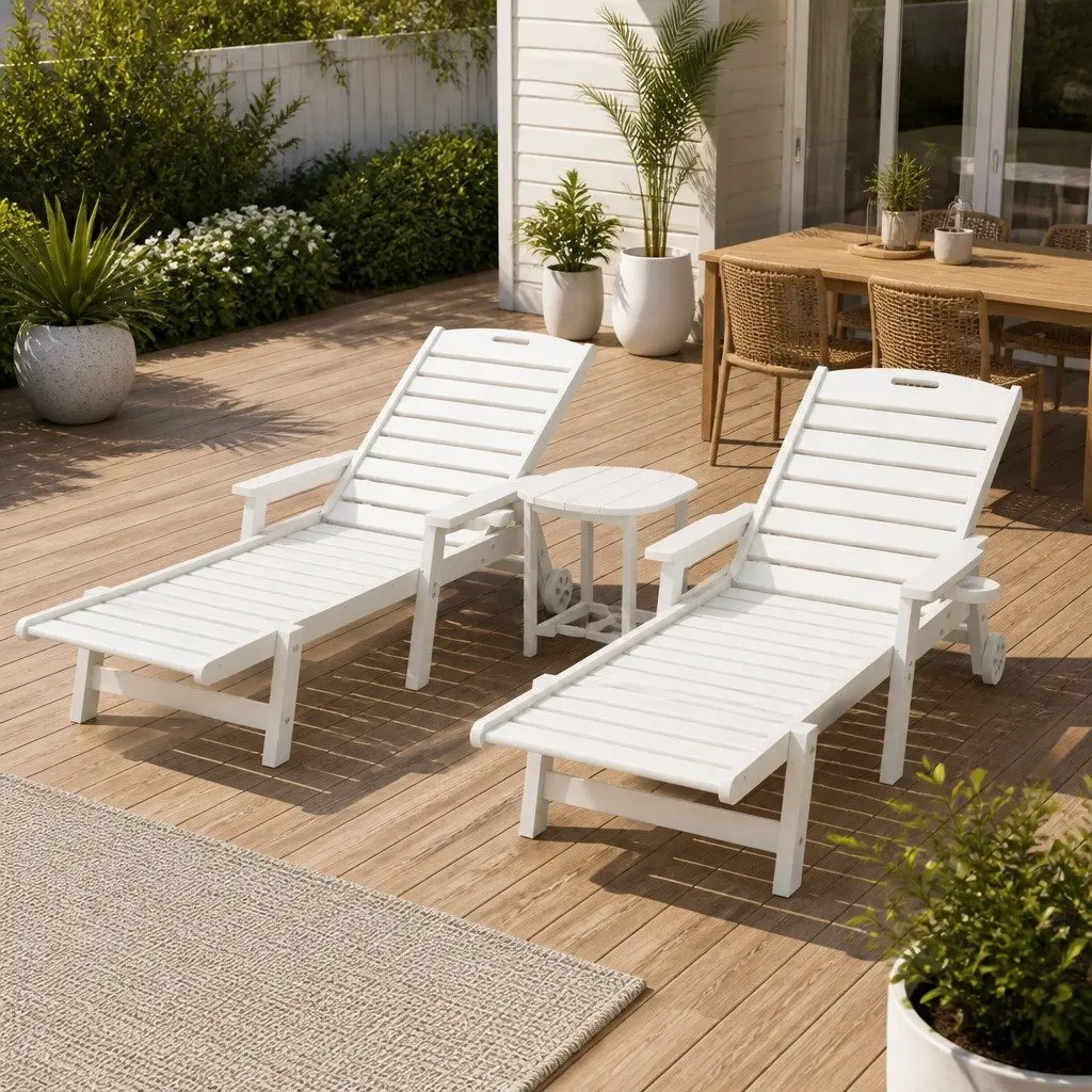 Outdoor Sun Lounge Chair Set White Adjustable Reclining 3 Piece with Cup Holder and Rolling Wheels