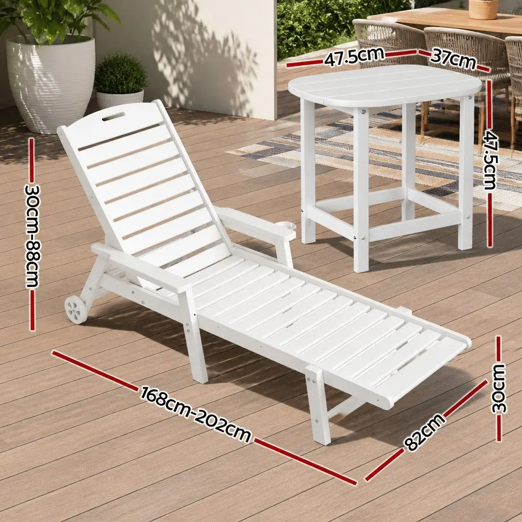 Outdoor Sun Lounge Chair Set White Adjustable Reclining 3 Piece with Cup Holder and Rolling Wheels