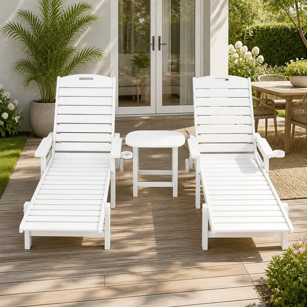 Outdoor Sun Lounge Chair Set White Adjustable Reclining 3 Piece with Cup Holder and Rolling Wheels