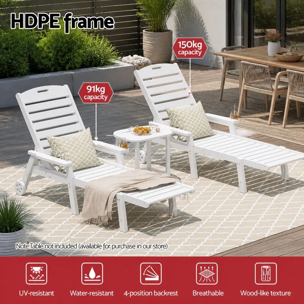 Outdoor Sun Lounge Chair Set White Adjustable Reclining 3 Piece with Cup Holder and Rolling Wheels