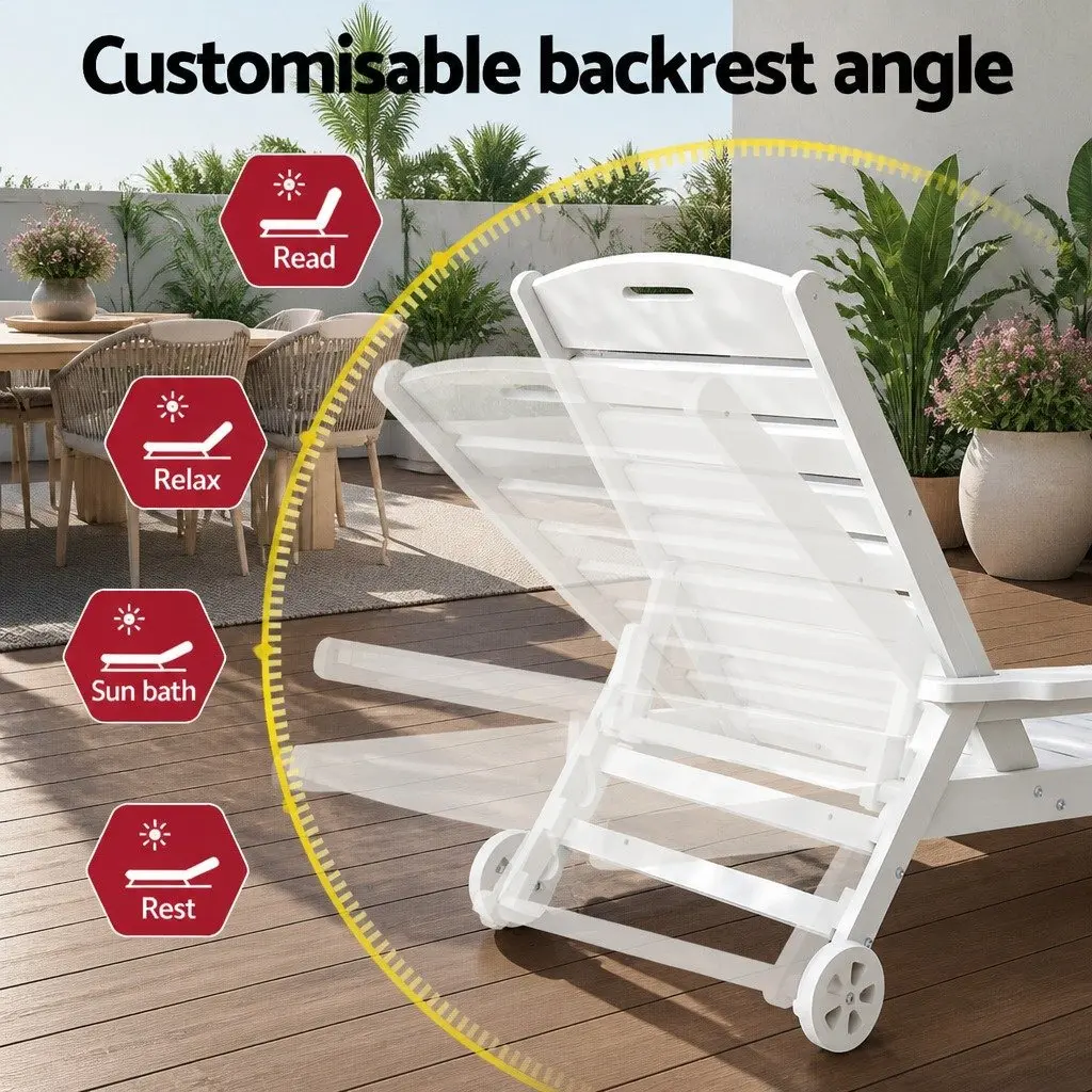 Outdoor Sun Lounge Chair Set White Adjustable Reclining 3 Piece with Cup Holder and Rolling Wheels