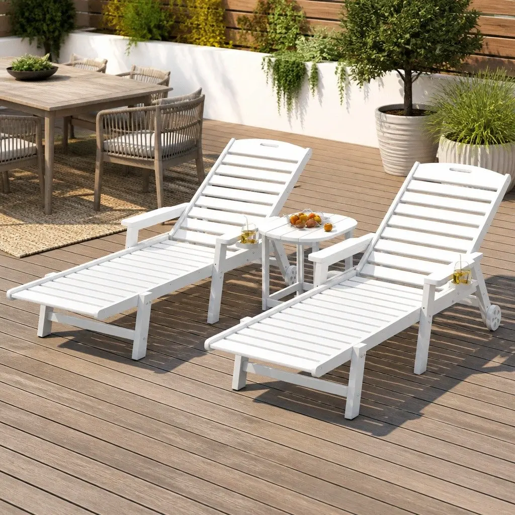Outdoor Sun Lounge Chair Set White Adjustable Reclining 3 Piece with Cup Holder and Rolling Wheels