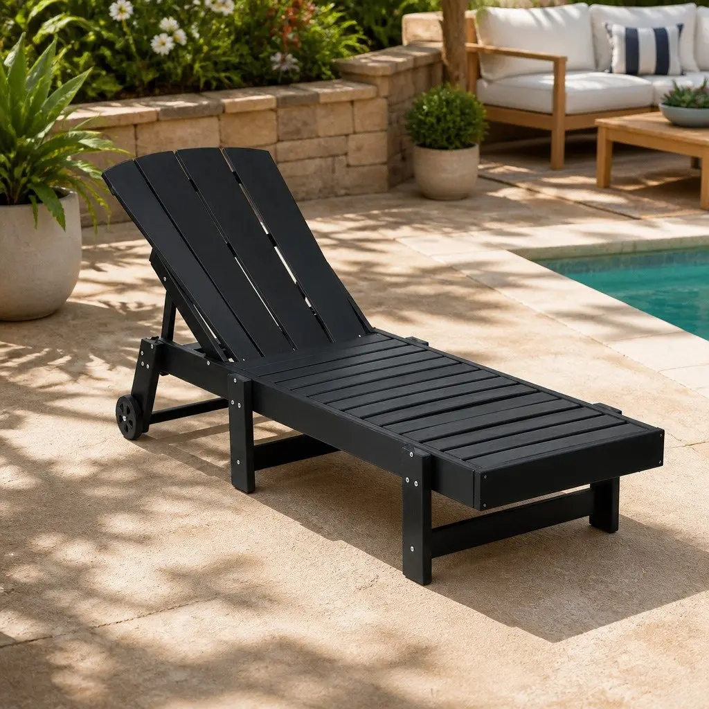 Sun Lounger Black 4-Position Adjustable Recliner Outdoor Patio