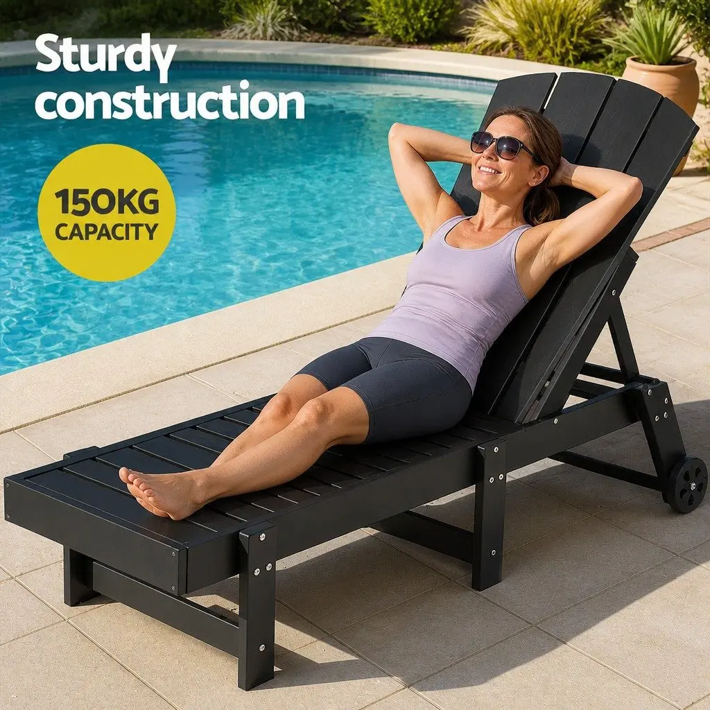 Sun Lounger Black 4-Position Adjustable Recliner Outdoor Patio