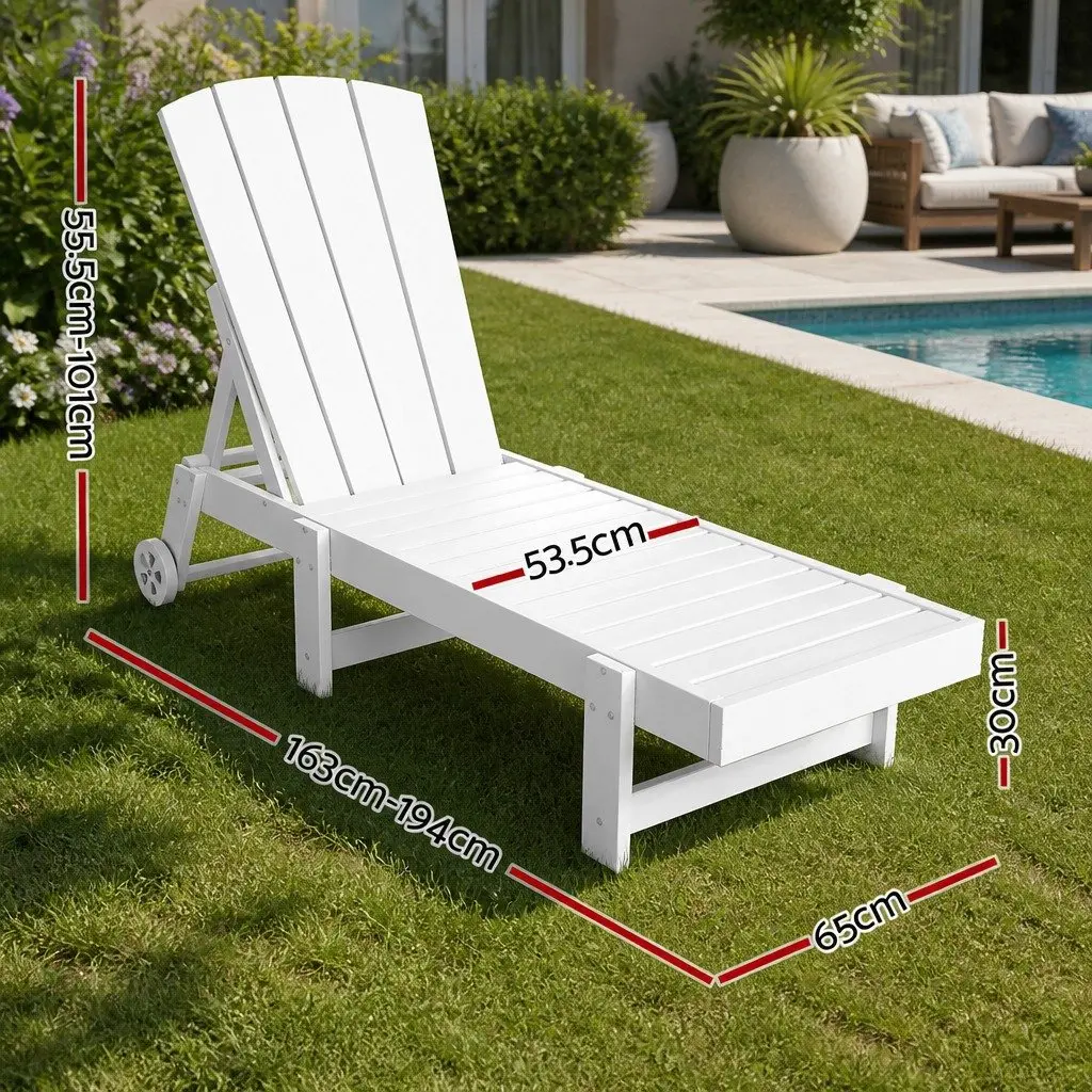 Sun Lounge Chair White 4-Position Adjustable Outdoor Lounger with Wheels