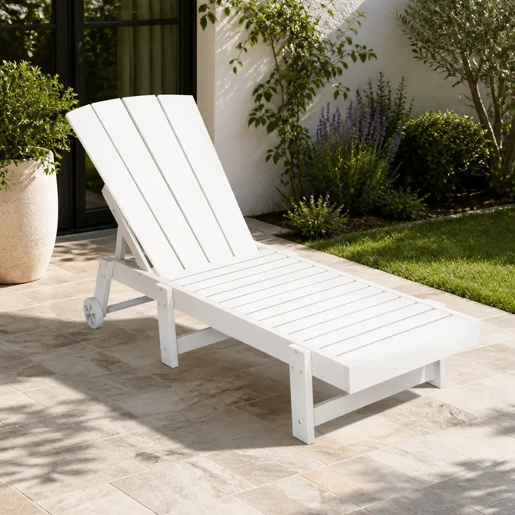 Sun Lounge Chair White 4-Position Adjustable Outdoor Lounger with Wheels