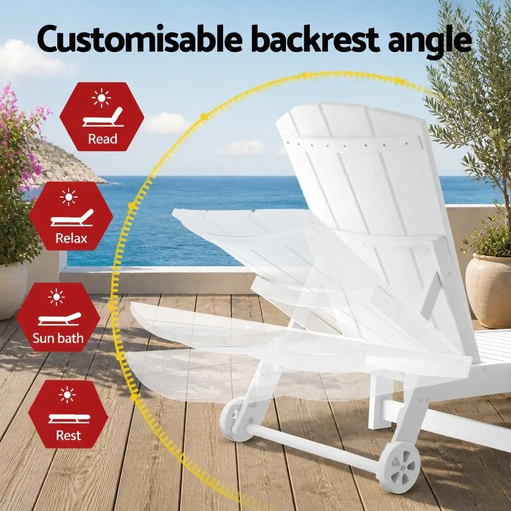 Sun Lounge Chair White 4-Position Adjustable Outdoor Lounger with Wheels