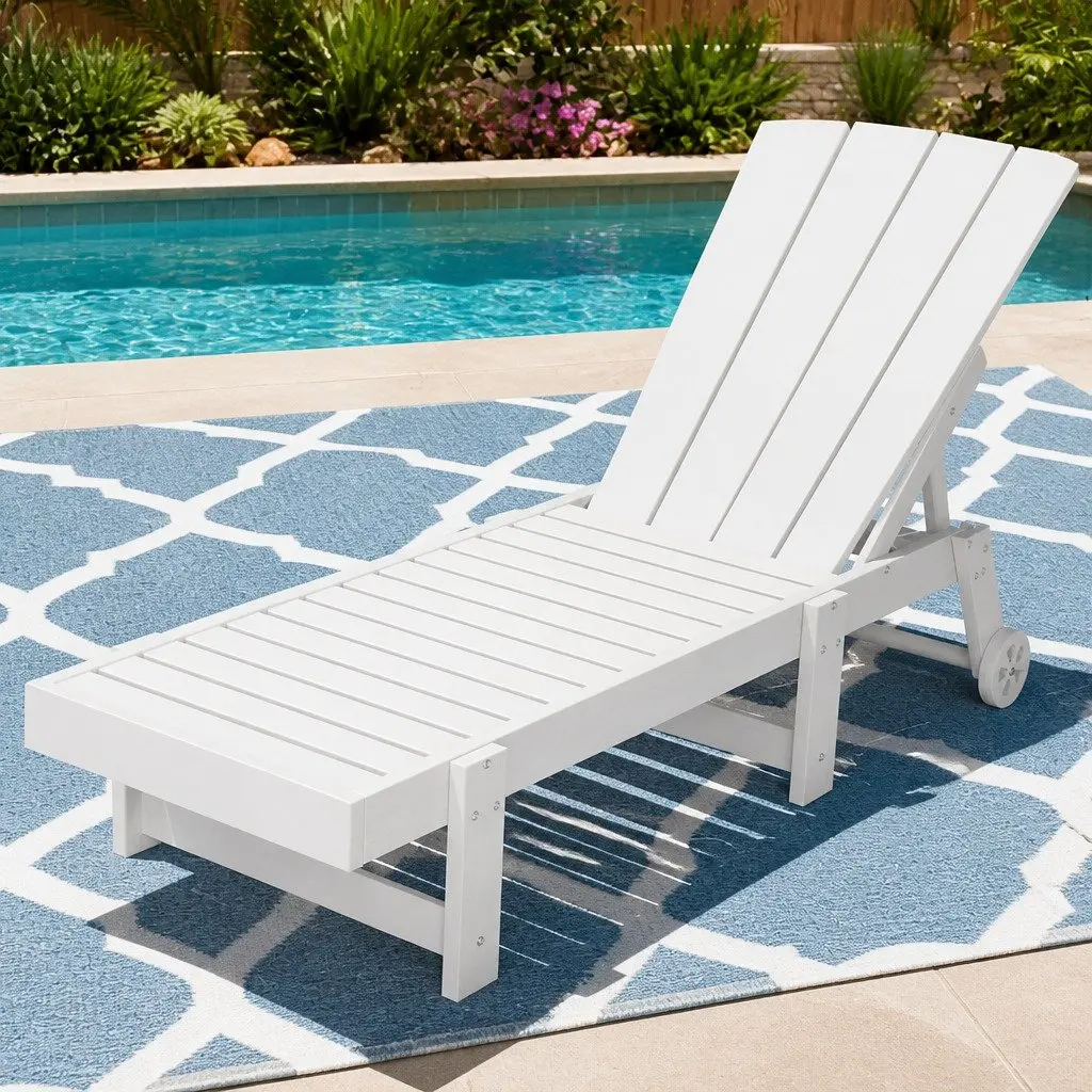 Sun Lounge Chair White 4-Position Adjustable Outdoor Lounger with Wheels