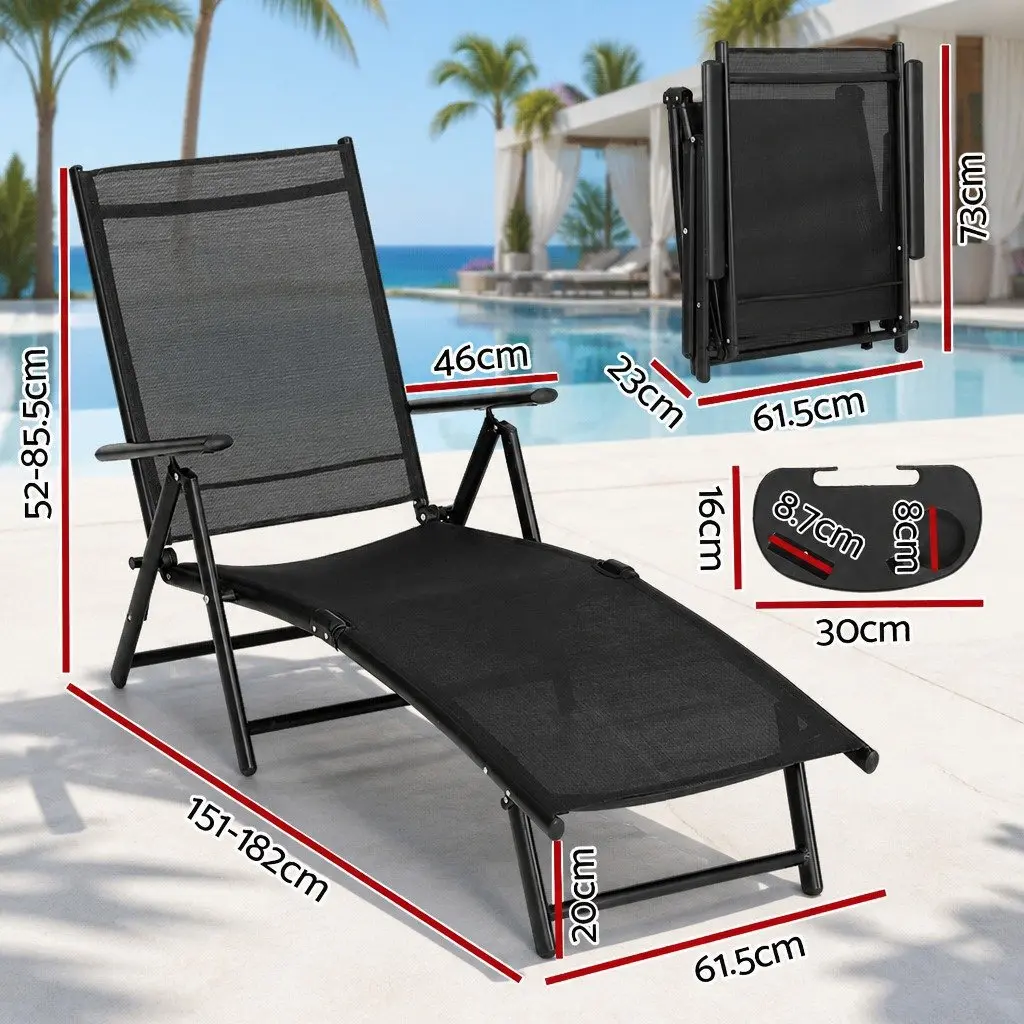 Outdoor Sun Lounger Black Aluminium Frame Adjustable Backrest 7 Position