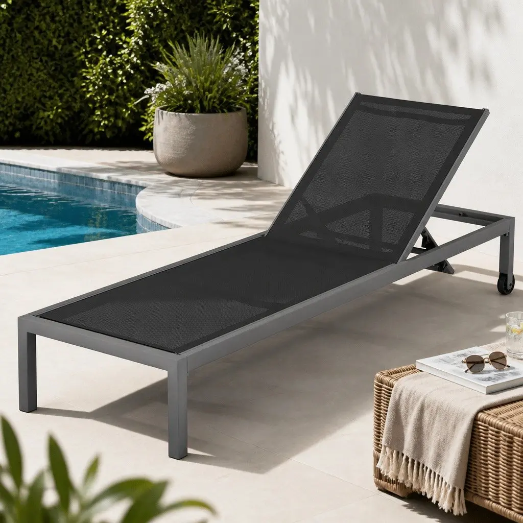 Outdoor Sun Lounger Dark Grey Adjustable Backrest Folding with Wheels