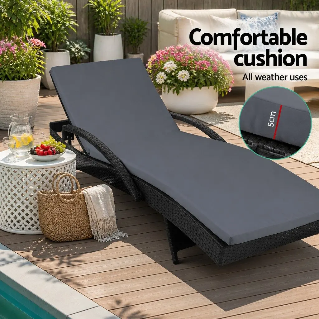 Outdoor Sun Lounge Wicker Lounger Black Grey 2PC Adjustable Backrest Weather Resistant