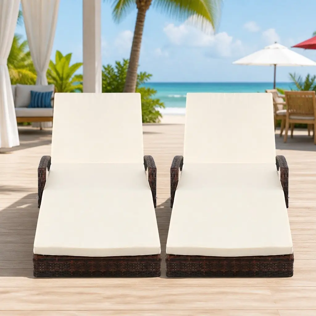 2PC Outdoor Sun Lounge Chair Brown Adjustable Backrest Water Resistant Cushion
