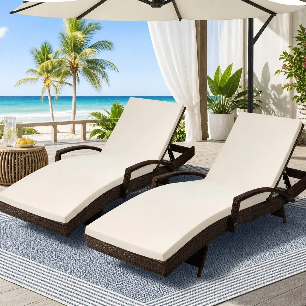 2PC Outdoor Sun Lounge Chair Brown Adjustable Backrest Water Resistant Cushion