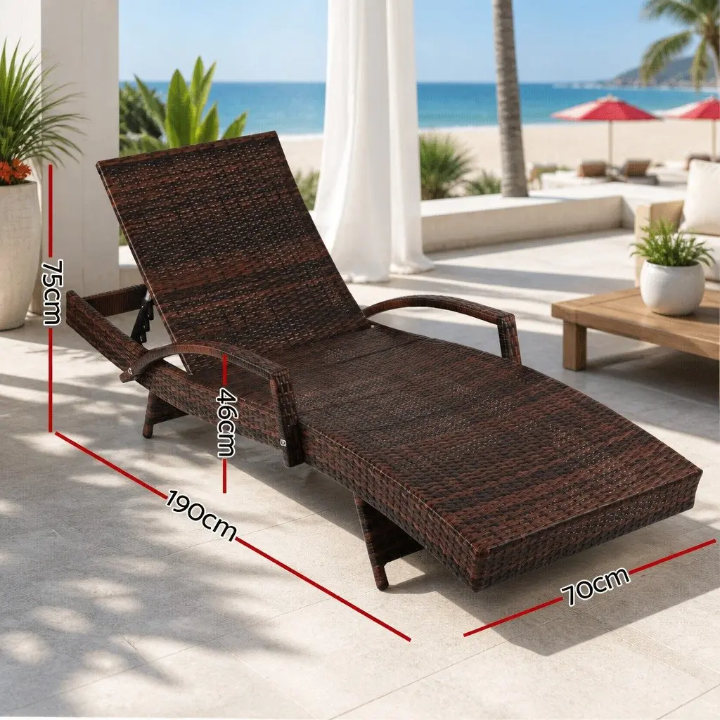 2PC Outdoor Sun Lounge Chair Brown Adjustable Backrest Water Resistant Cushion
