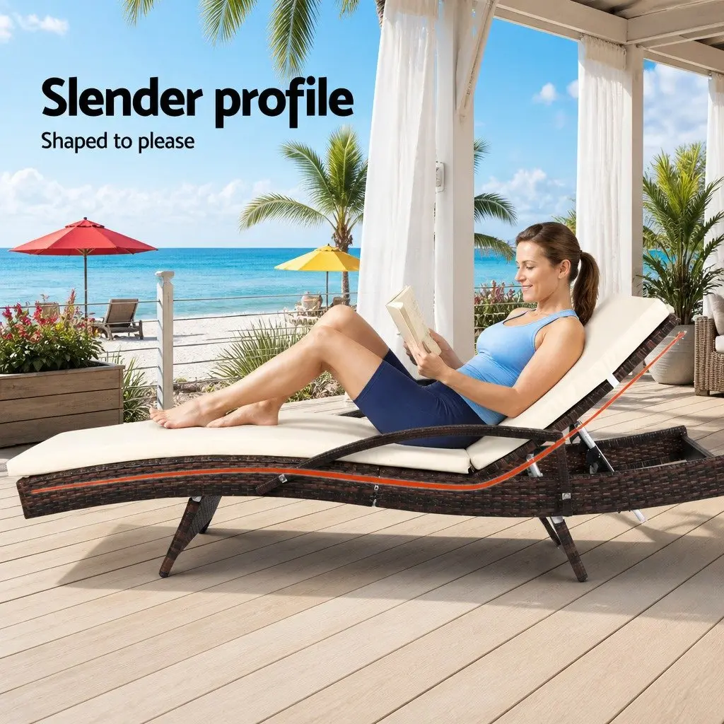 2PC Outdoor Sun Lounge Chair Brown Adjustable Backrest Water Resistant Cushion