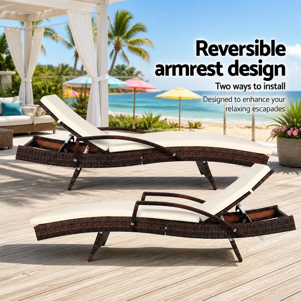 2PC Outdoor Sun Lounge Chair Brown Adjustable Backrest Water Resistant Cushion