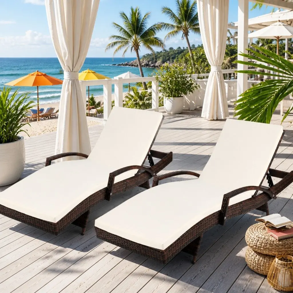 2PC Outdoor Sun Lounge Chair Brown Adjustable Backrest Water Resistant Cushion