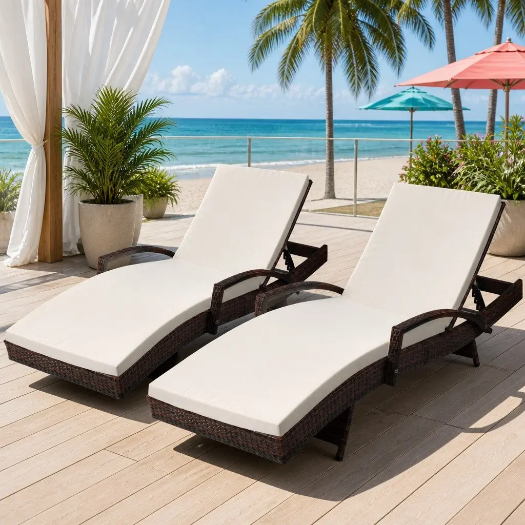 2PC Outdoor Sun Lounge Chair Brown Adjustable Backrest Water Resistant Cushion