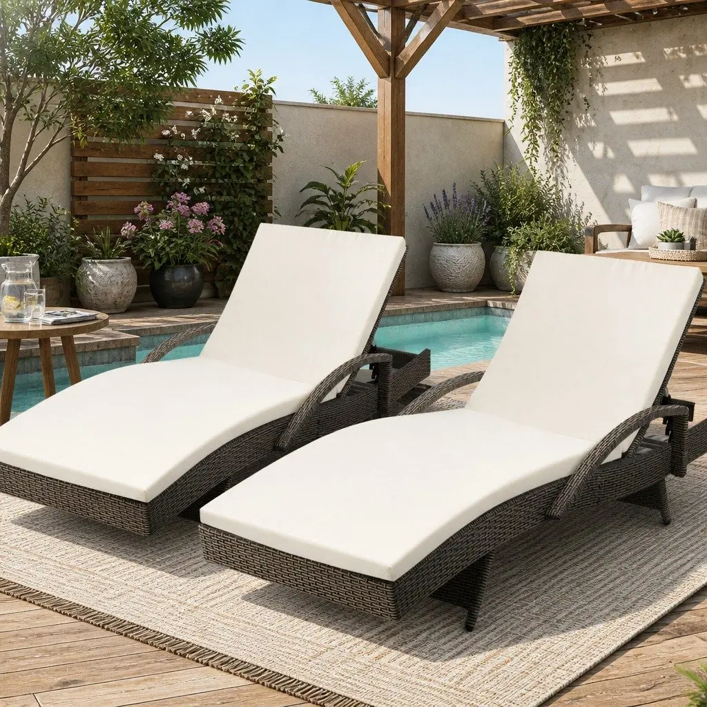 Sun Lounge Chair 2PC Wicker Lounger Outdoor Furniture Adjustable Backrest