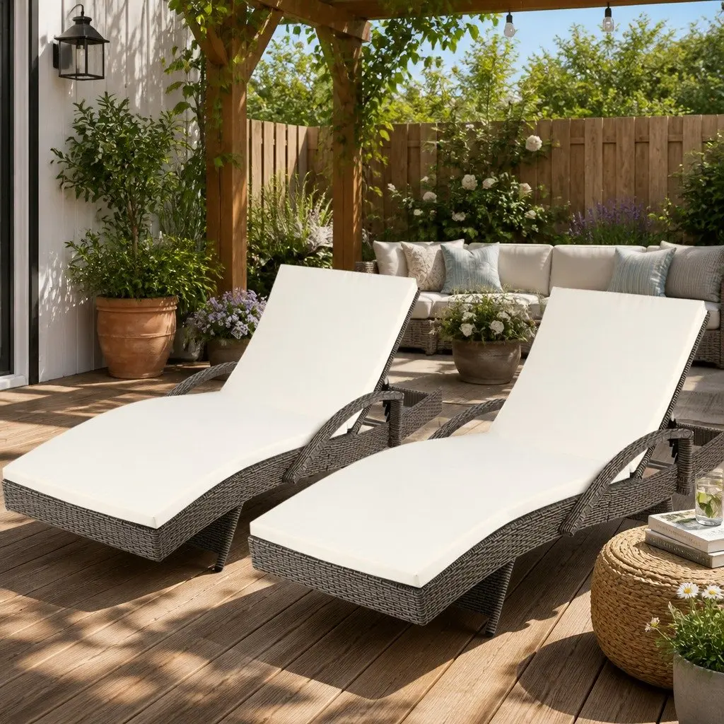Sun Lounge Chair 2PC Wicker Lounger Outdoor Furniture Adjustable Backrest