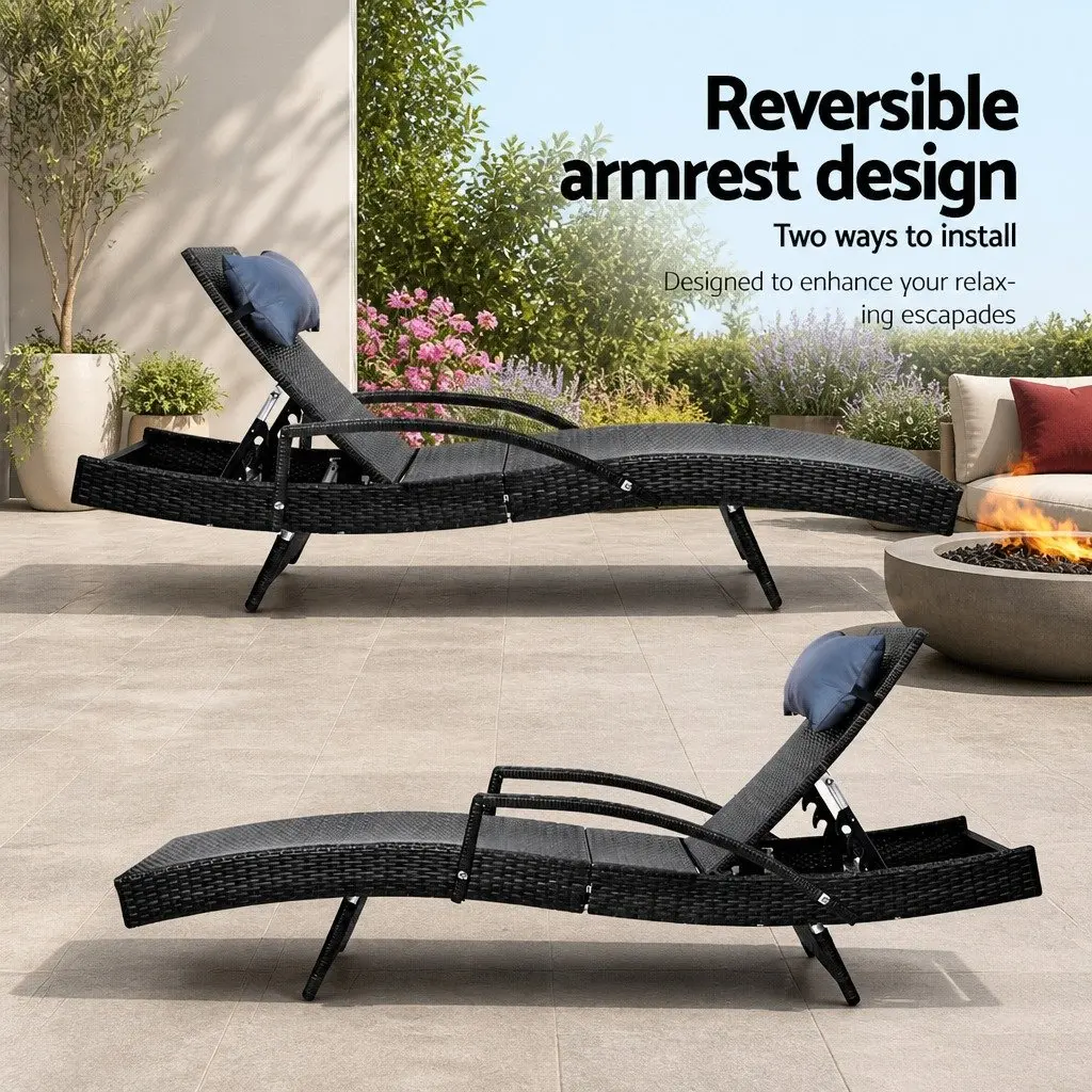 Sun Lounge Wicker Lounger Black Grey Adjustable Backrest Outdoor Furniture