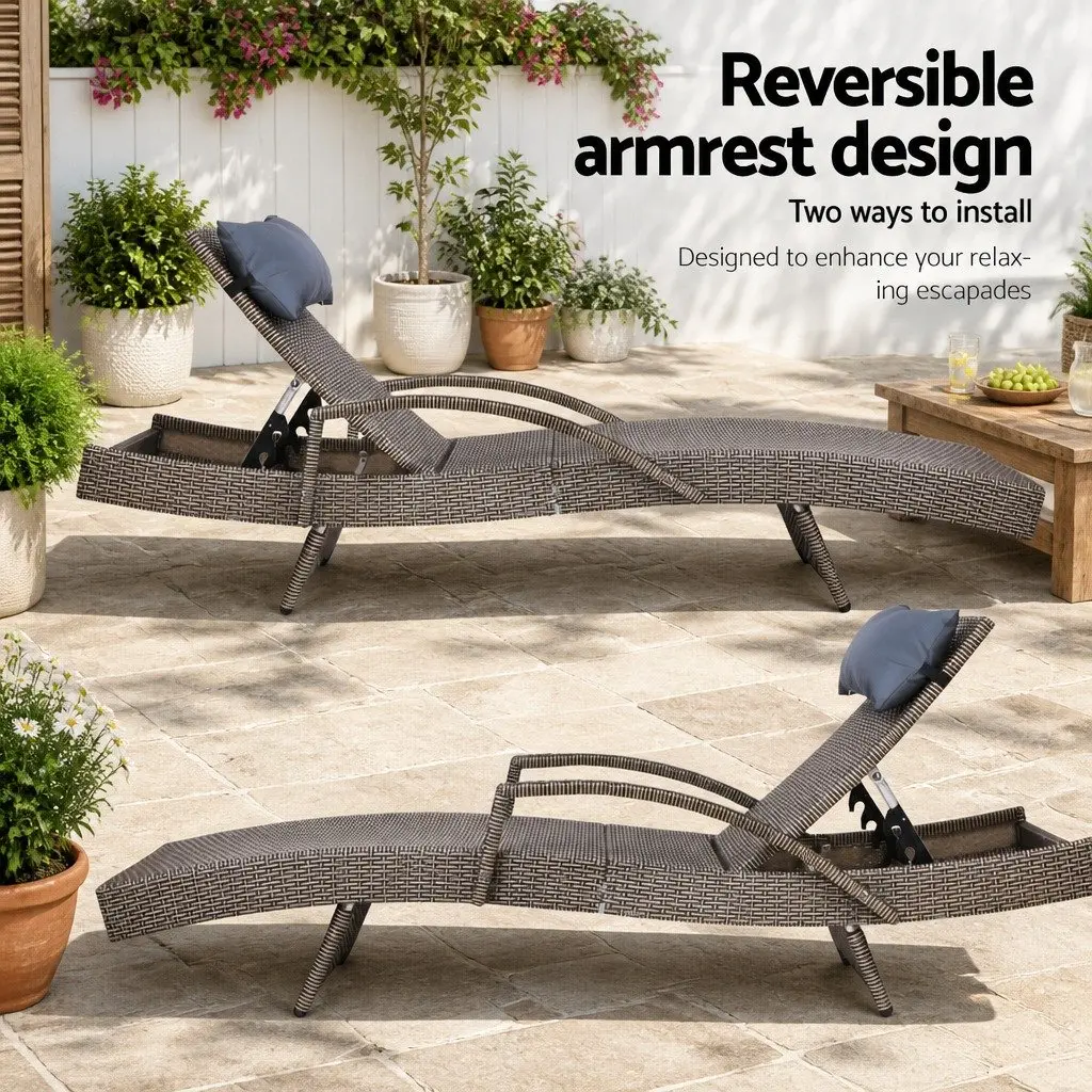 Sun Lounge Wicker Lounger Grey Beige Adjustable Outdoor Furniture Armchair Beach Recliner