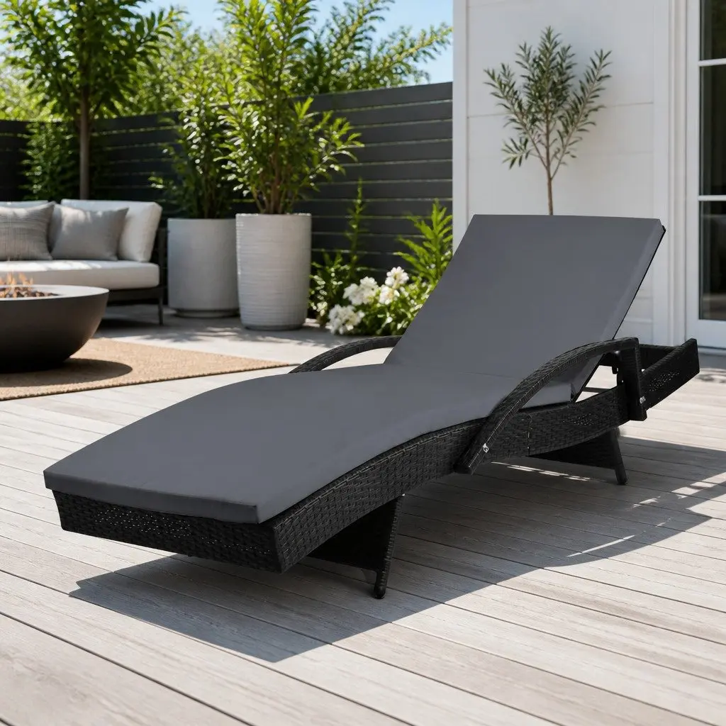 Outdoor Sun Lounge Chair Adjustable Recliner Patio Relaxer with Cushion Black