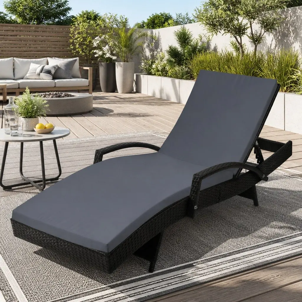 Outdoor Sun Lounge Chair Adjustable Recliner Patio Relaxer with Cushion Black
