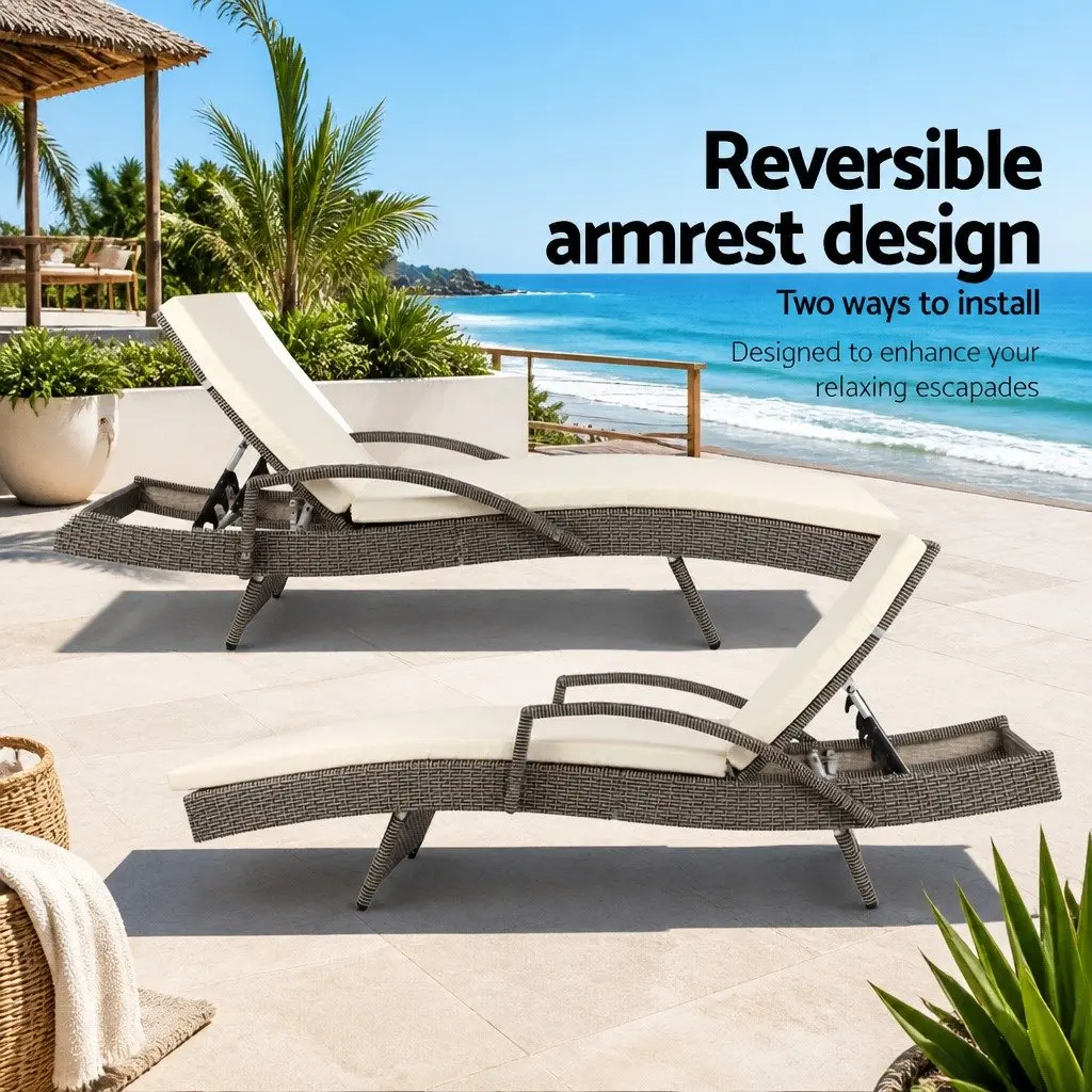 Sun Lounge Grey Beige Adjustable Backrest Outdoor Furniture Wicker Lounger