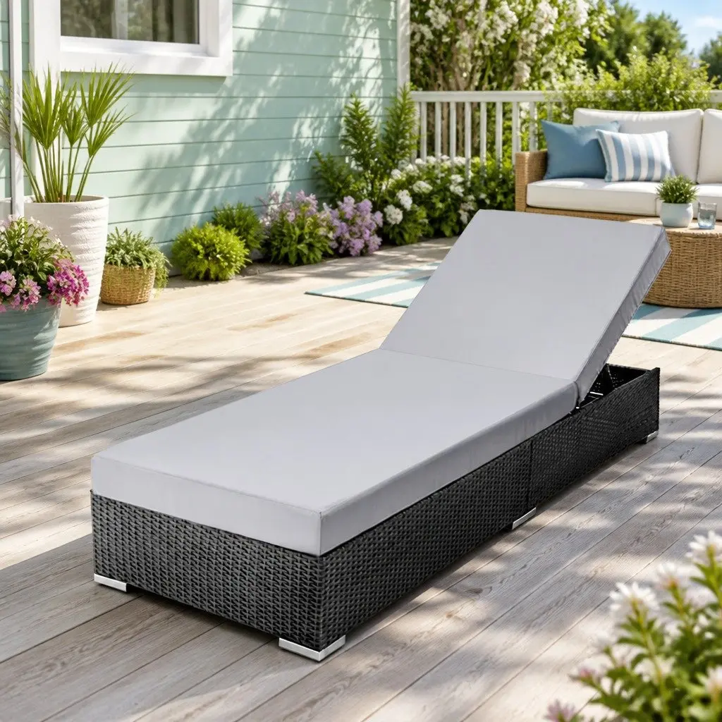 Wicker Sun Lounge Black Adjustable Lounger with Cushion 8cm Thick High-Density Foam