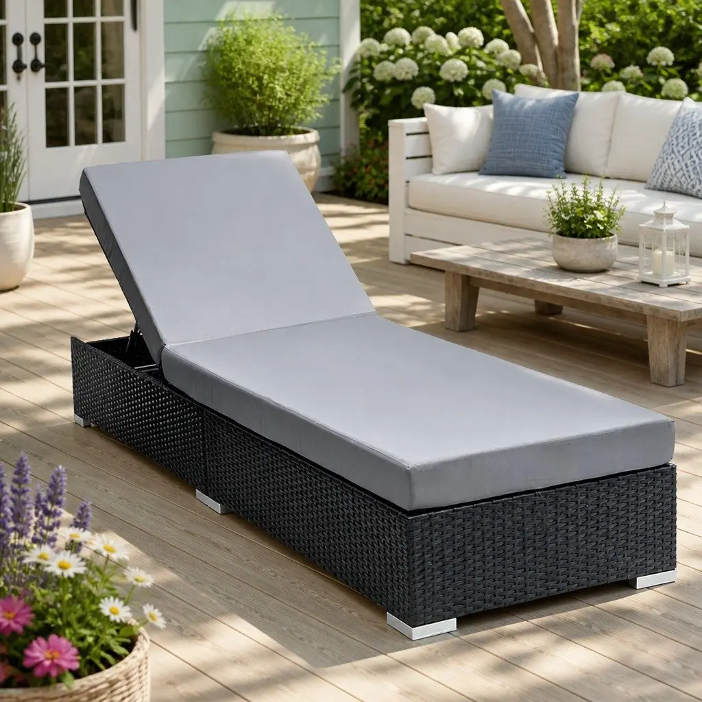 Wicker Sun Lounge Black Adjustable Lounger with Cushion 8cm Thick High-Density Foam