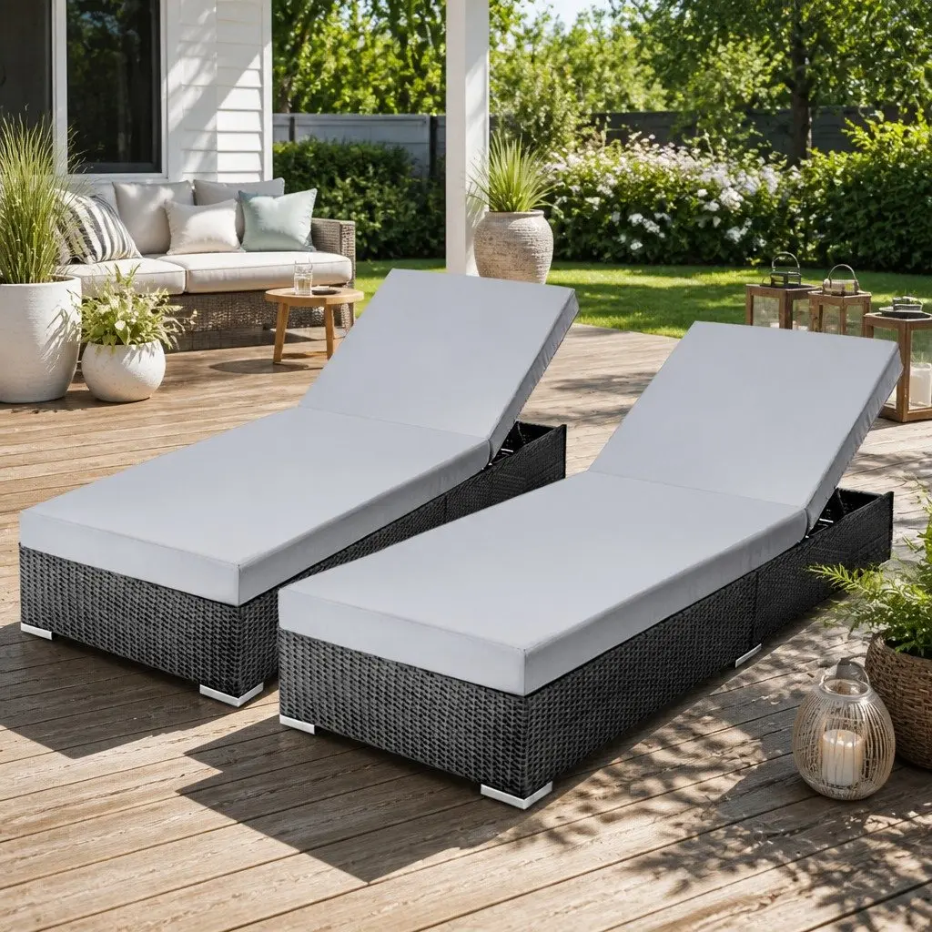 2PC Adjustable Wicker Sun Lounge Black Beige Grey Red Outdoor Furniture with Cushion