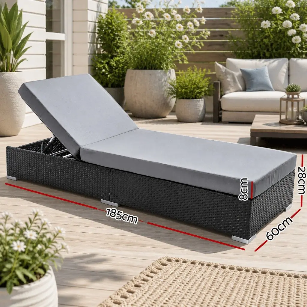 2PC Adjustable Wicker Sun Lounge Black Beige Grey Red Outdoor Furniture with Cushion