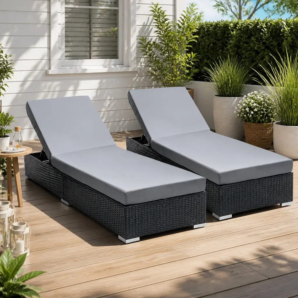 2PC Adjustable Wicker Sun Lounge Black Beige Grey Red Outdoor Furniture with Cushion