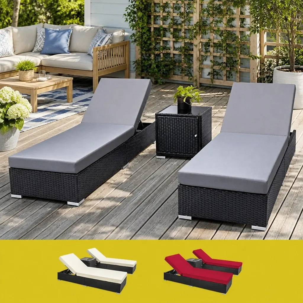 3PC Outdoor Lounge Set Black Rattan Adjustable Backrest Cushions Garden Furniture