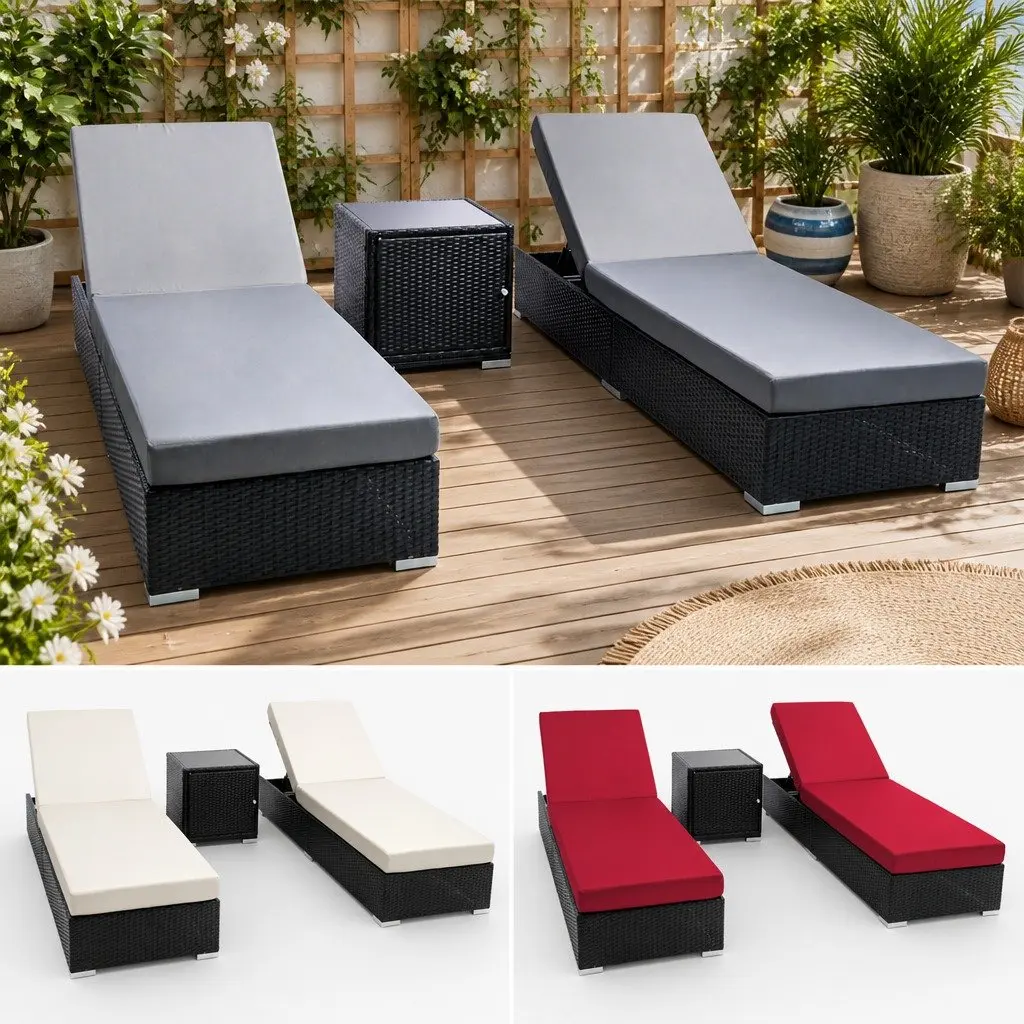 3PC Outdoor Lounge Set Black Rattan Adjustable Backrest Cushions Garden Furniture