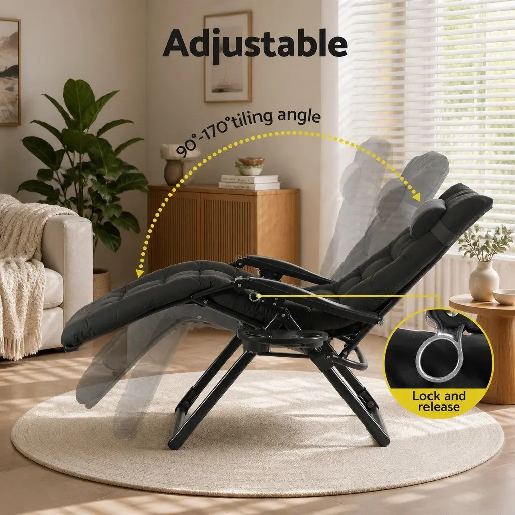 Folding Sun Lounger Black Adjustable Reclining Chair Lightweight Portable Outdoor