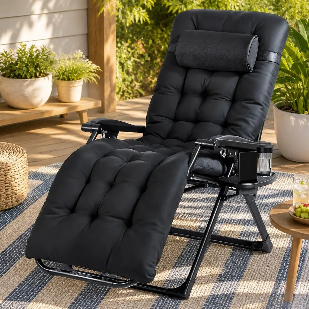 Folding Sun Lounger Black Adjustable Reclining Chair Lightweight Portable Outdoor